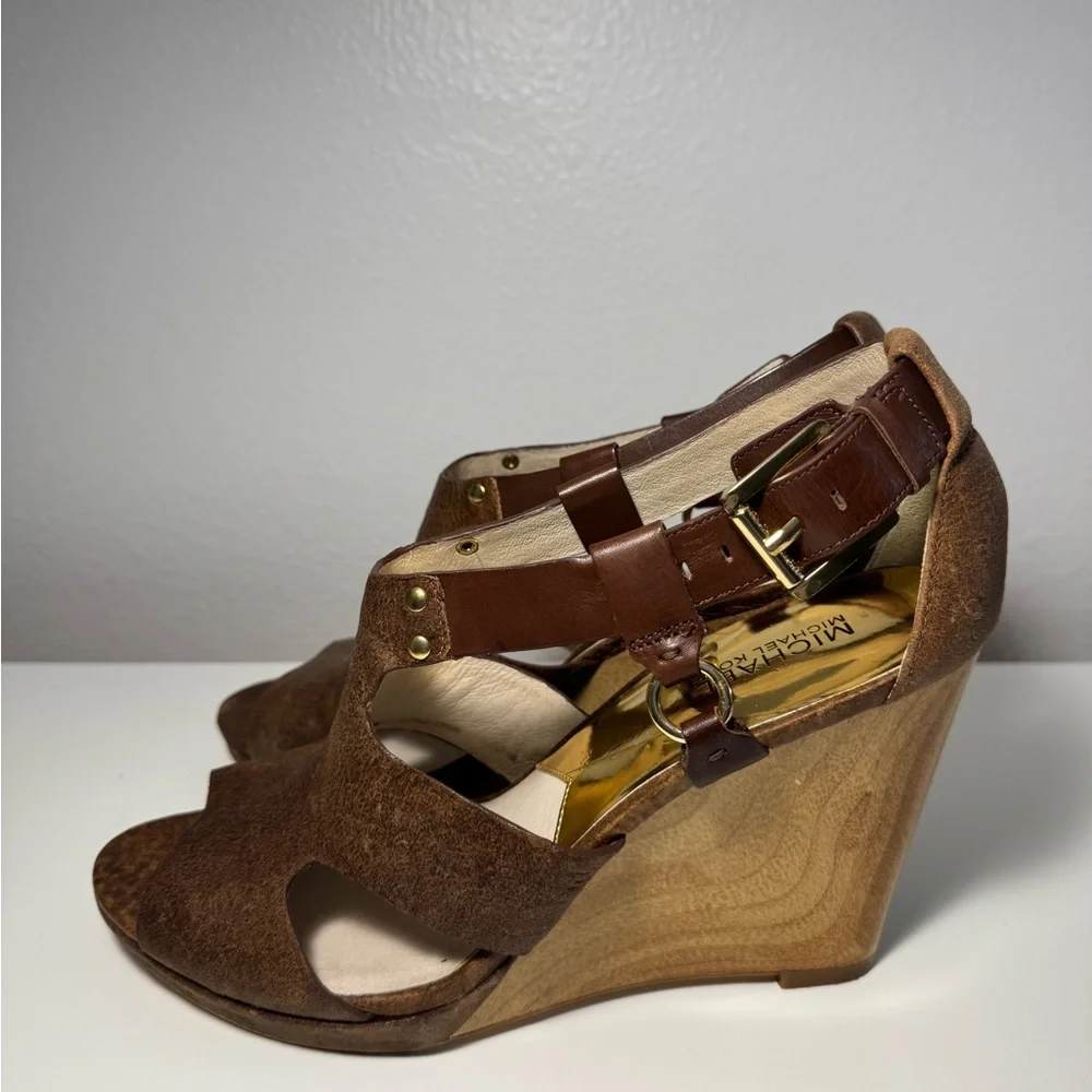 Michael Kors Brown Leather Wedge Sandals - Picture 4 of 5